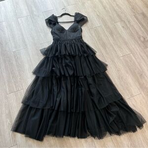Blondie Nites Black Tiered Tulle Ruffle Evening Gown Size 7 Victorian Whimsygoth